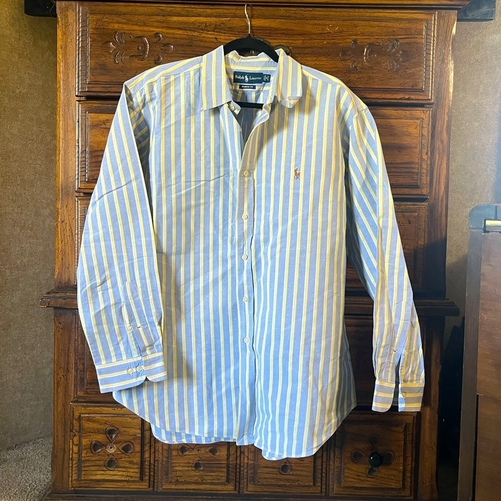 Ralph Lauren Men's Yellow and Blue Striped Shirt